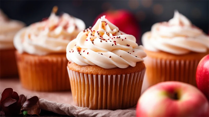 Can You Bake Cupcakes Directly in Paper Cups? blog cover: A close-up of beautifully frosted cupcakes in paper cups, surrounded by fresh apples, set against a blurred, cozy background.